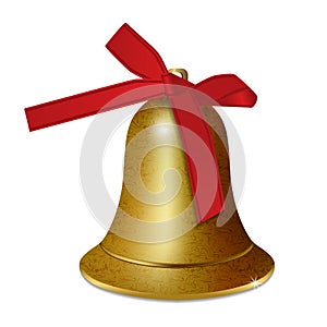 Bbell with red ribbon bow isolated on white background. Golden decoration element for Christmas and New year. Vector