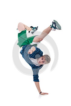 Bboy standing on one hand and pointing photo