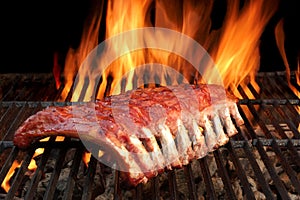 BBQ Baby Back Pork Ribs On The Hot Flaming Grill