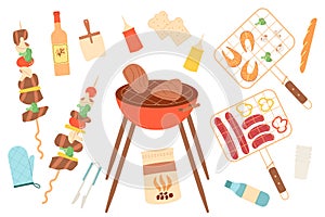 Bbq backyard picnic elements set. Spring grill items isolated on white background. Summer day lunch meal outdoor. Vector flat
