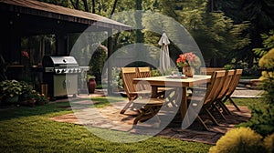 BBQ Backyard with table and chairs, grill. Backyard picnic area