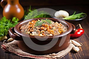 bbq baked beans served in a rustic clay pot