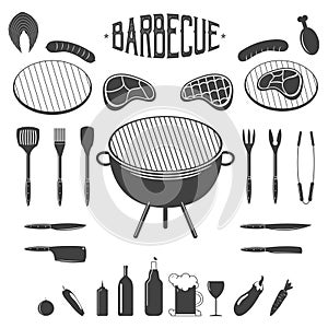 BBQ. Barbecue and grill design elements. Equipment, meat, beer, vegetables, wine