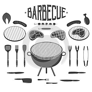 BBQ. Barbecue and grill design elements. Equipment, meat, chicken, sausage, kebab