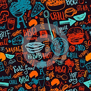 BBQ Barbecue Grill Doodle Seamless Pattern. Colorful BBQ design with hand drawn lettering for wrapping, banners and