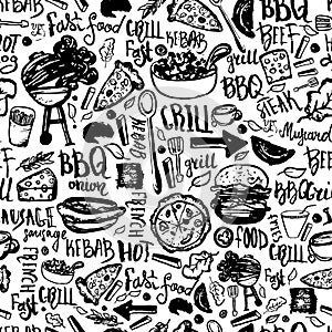 BBQ Barbecue Grill Doodle Seamless Pattern. Colorful BBQ design with hand drawn lettering for wrapping, banners and