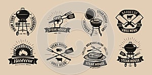 BBQ, barbecue, grill logo or icons. Labels for the menu of restaurant or cafe. Vector illustration