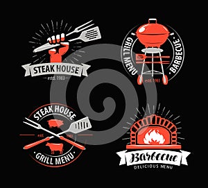 BBQ, barbecue, grill logo or symbol. Labels for menu of restaurant or cafe. Vector illustration