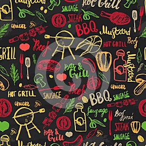 Bbq Barbecue Grill Sketch Seamless Pattern. Colorful BBQ design for wrapping, banners, promotion.