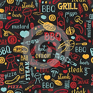 BBQ Barbecue Grill Sketch Seamless Pattern with typography. Colorful cafe menu design for wrapping, banners, promotion.