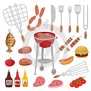Bbq barbecue isolated elements set with outdoor grill rig bottles of sauce raw food and flatware vector illustration