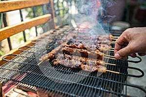 Bbq barbeque, asian, day, outdoors, make-shift, meat cooking