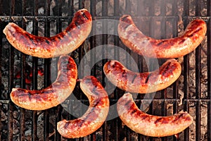 BBQ Bratwurst Sausages On The Hot Grill, Top View