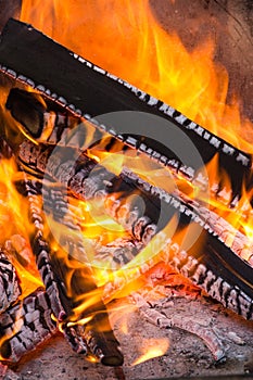 BBQ burning wood fire background.