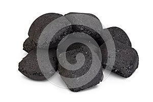 Bbq charcoal briquette isolated on white background with clipping path and full depth of field