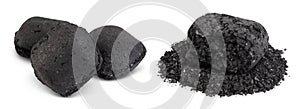 Bbq charcoal briquette isolated on white background with clipping path and full depth of field