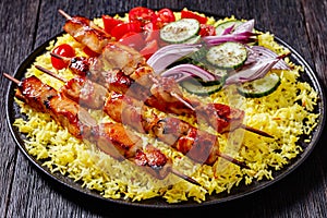 Bbq chicken kebabs with saffron rice and veggies