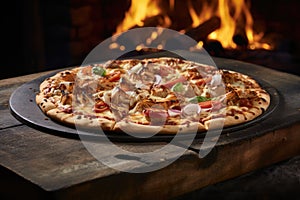 Bbq Chicken Pizza On Stone In Rustic Pub