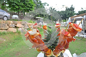 BBQ Chicken and Pork stick on Pineapple for Dinner