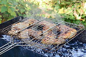 BBQ chicken wings on smoking grill over hot coals
