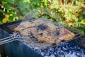 BBQ chicken wings on smoking grill over hot coals