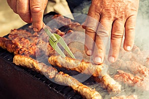 BBQ. Closeup of barbecue grilling picnic in backyard outdoor