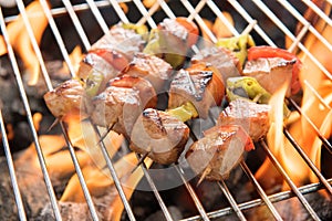 BBQ with cooking. coal grill of chicken meat and peppers