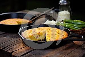 bbq cornbread on a rustic wooden table beside the grill