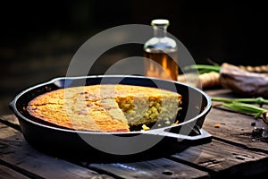 bbq cornbread on a rustic wooden table beside the grill