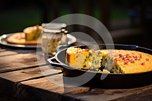 bbq cornbread on a rustic wooden table beside the grill