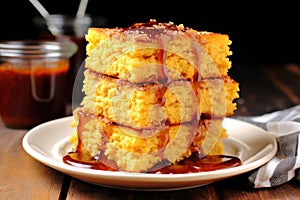 bbq cornbread stacked on a plate, ready to be served