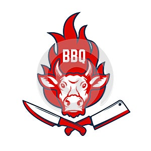 BBQ. Cow head on fire background, knife and meat cleaver. Design