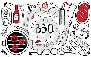 Bbq doodle set. Hand drawn modern barbeque cooking food collection, meat, vegetables and tools for grill party, vector