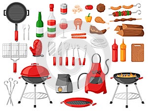 Bbq elements. Grill cooking tools for barbecue summer party, roasted on fire meat food cartoon vector set