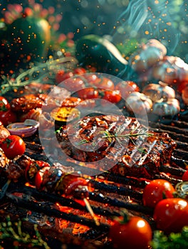 BBQ essentials with grilled meats and vibrant vegetables, blending into an earth-toned gradient for hearty