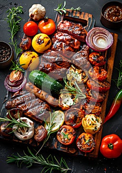 BBQ essentials with grilled meats and vibrant vegetables, blending into an earth-toned gradient for hearty