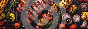 BBQ essentials with grilled meats and vibrant vegetables, blending into an earth-toned gradient for hearty