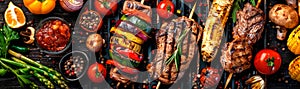 BBQ essentials with grilled meats and vibrant vegetables, blending into an earth-toned gradient for hearty