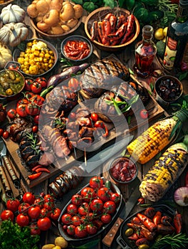 BBQ essentials with grilled meats and vibrant vegetables, blending into an earth-toned gradient for hearty