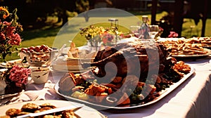 Bbq Feast, Meat, Banquet, Table, Barbecue, Meal, Dinner Party. generative ai