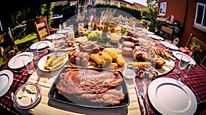 Bbq Feast, Meat, Banquet, Table, Barbecue, Meal, Dinner Party. generative ai