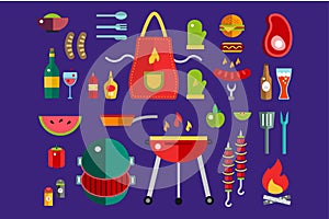 BBQ and Food Icons Vector Set. Outdoor, kitchen