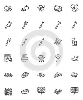 BBQ food line icons set