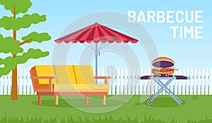 Bbq in garden. Cartoon summer outdoor backyard barbecue party with furniture, umbrella, food on grill