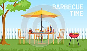 Bbq in garden. Cartoon summer outdoor backyard barbecue party with furniture, umbrella, food on grill. Home picnic in