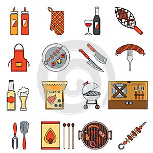 BBQ grill barbecue cooking meat steak picnic nature party isometric outline flat design icons set vector illustration