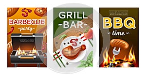 Bbq grill cards. Roast outdoor cooking posters, fried meat with ketchup, open flame and embers, barbeque picnic