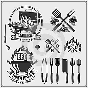 BBQ and grill emblems set. Barbecue labels, badges and design elements.