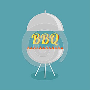 BBQ grill with fire party invitation card. Flat design icon.