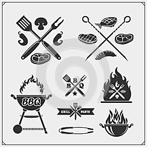 BBQ and grill labels set. Barbecue emblems, badges and design elements.